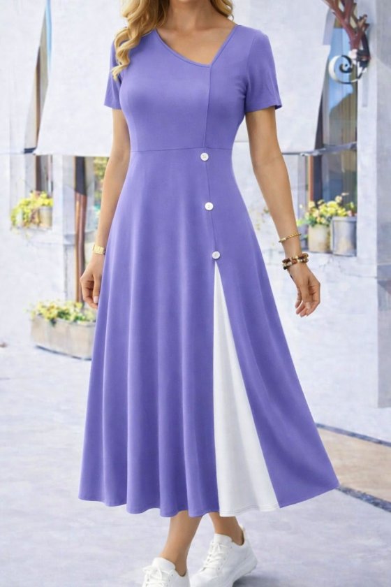 Kadın Kısa Kollu Asimetrik Yakalı Düğme Detaylı Midi Viskon Elbise , 33574