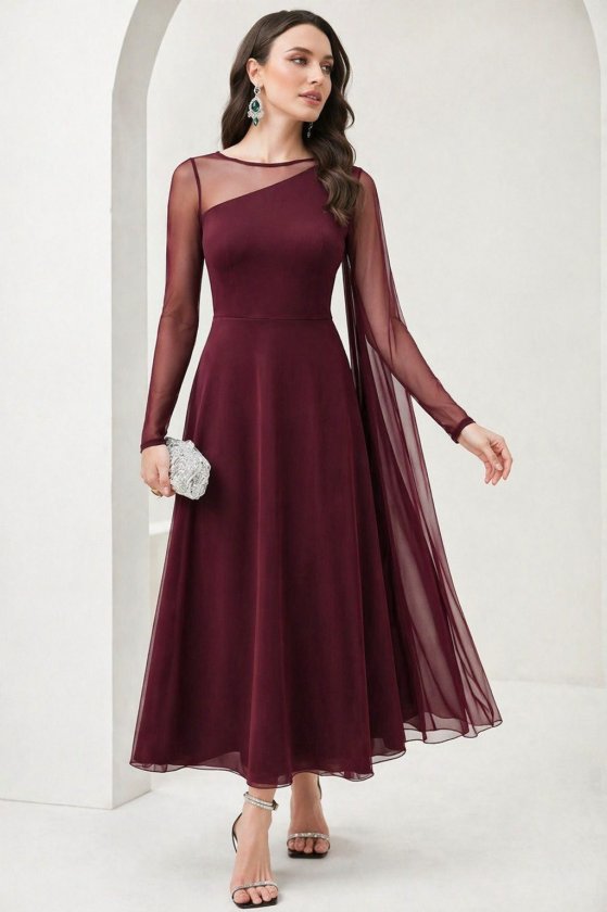 Kadın Uzun Kollu Yarı Balıkçı Yaka Tül Detaylı Uzun Sandy Elbise , 33665