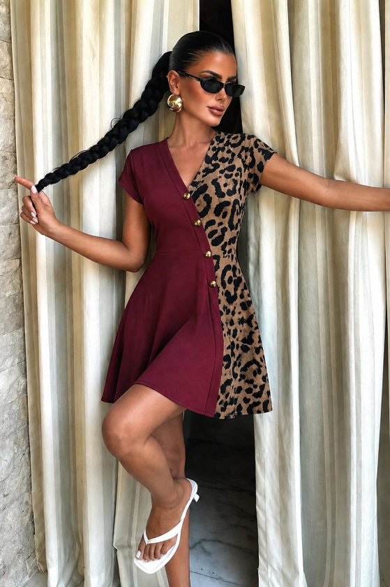 Kadın Kısa Kollu V Yakalı Bir Yanı Leopar Detaylı Kısa Viskon Elbise, 34819
