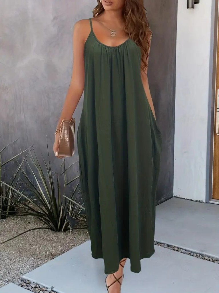 Kadın Ip Askılı Geniş V Yakalı Cepli Viskon Elbise , 24240