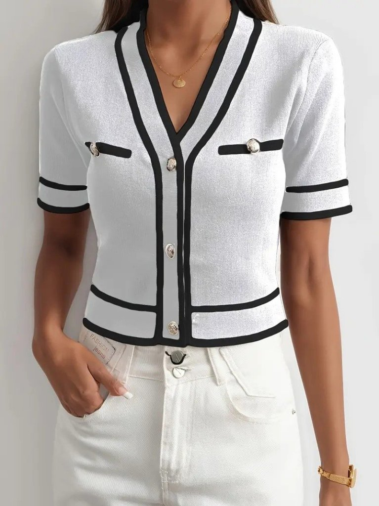 Kadın Kısa Kollu önden Düğmeli Triko Bluz, 26426