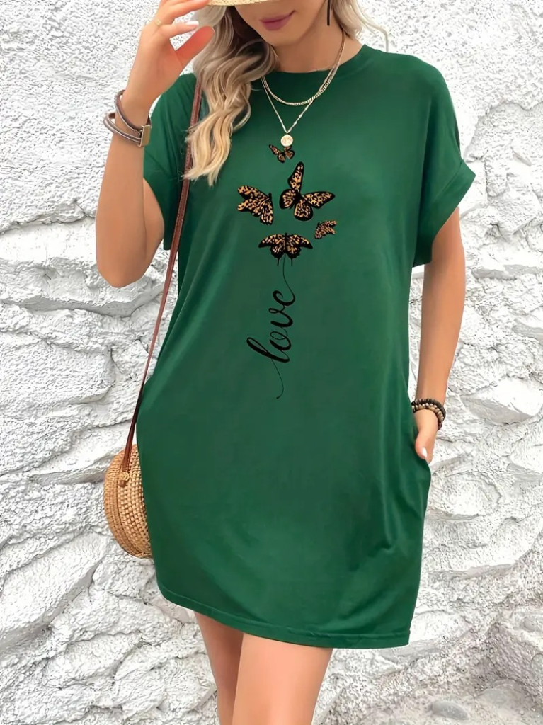 Kadın Kısa Kollu Bisiklet Yaka Cepli Kelebek Baskılı Viskon Elbise , 23983