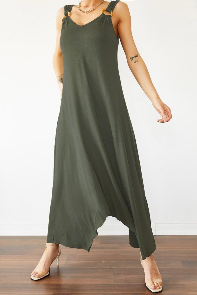 Kadın Askılı V Yakalı Halka Detaylı Asimetrik Kesim Detaylı Viskon Maxi Elbise, 31368