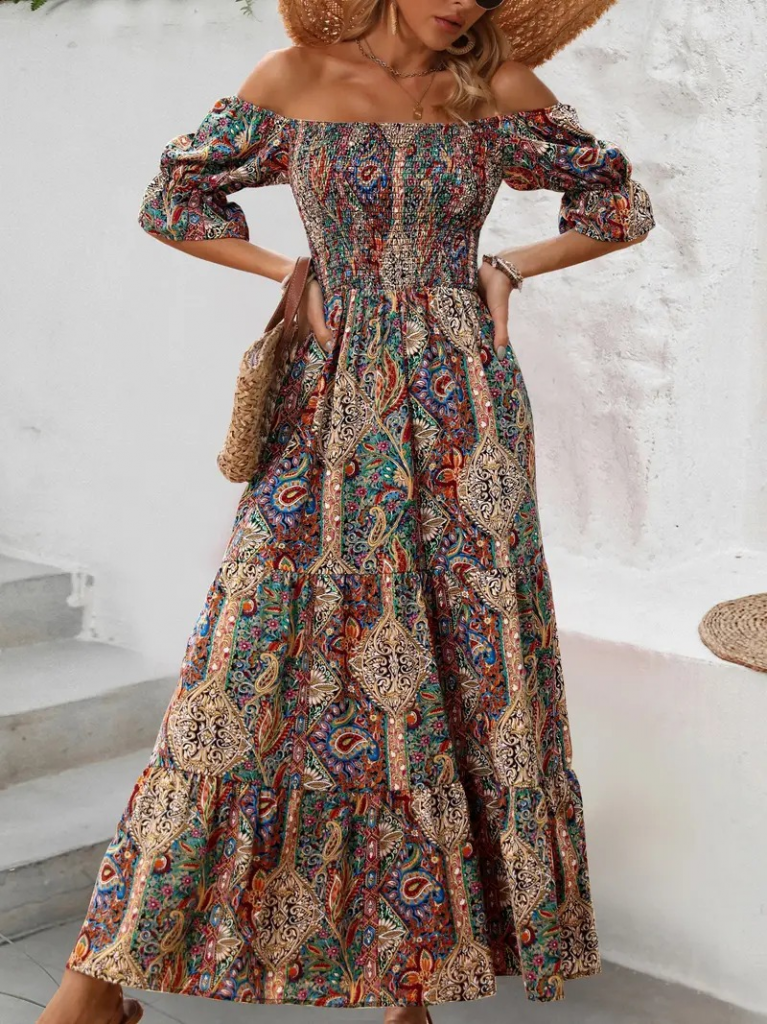 Kadın Kısa Kollu Madonna Yaka Desenli Fırfırlı Maksi Bu Süprem Elbise , 24360 - Image 3