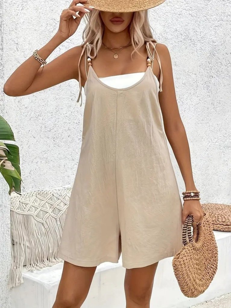 Kadın Askılı Boncuklu Yandan Fermuarlı Kısa Ithal Keten Tulum, 25118 - Image 4