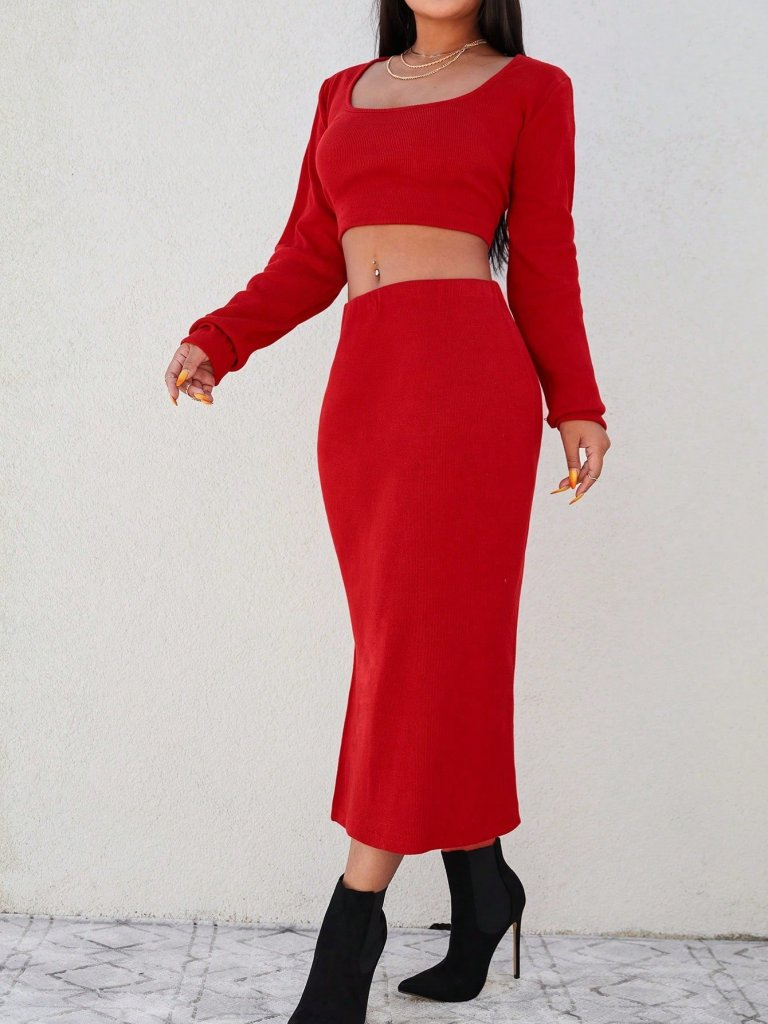 Kadın Uzun Kollu Kaşkorse Crop Ve Etek Takım, 8321 - Image 2