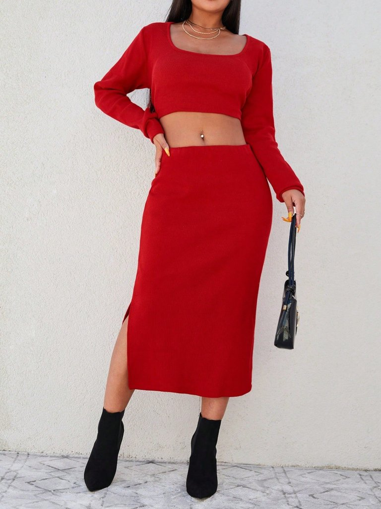Kadın Uzun Kollu Kaşkorse Crop Ve Etek Takım, 8321 - Image 4