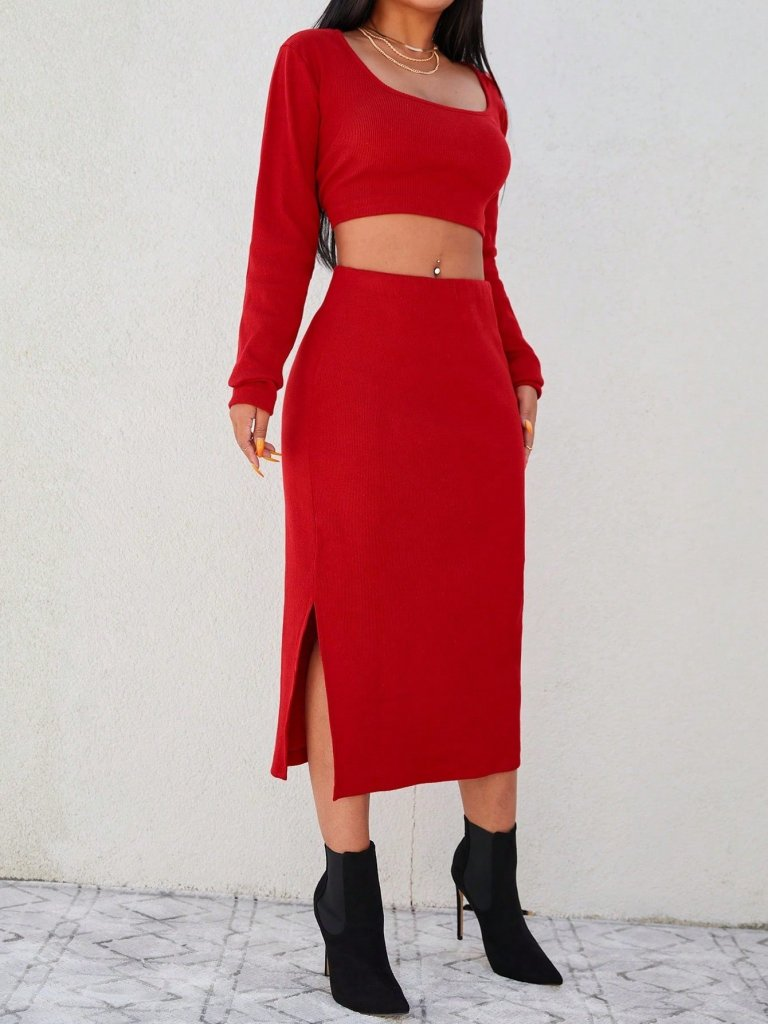 Kadın Uzun Kollu Kaşkorse Crop Ve Etek Takım, 8321 - Image 5