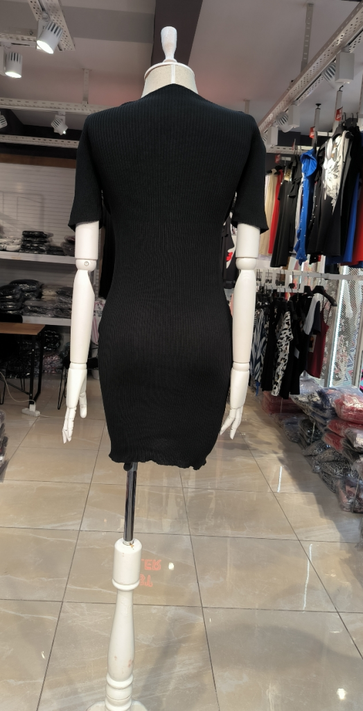 Kadın Kısa Kollu Düğmeli Cep Detay V Yaka Triko Elbise, 8985 - Image 6