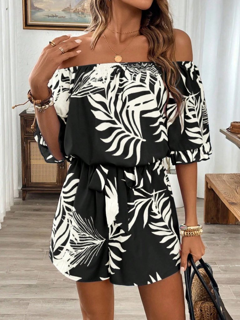 Kadın Omuzlardan Açık Madonna Yakalı Beli Kuşaklı Desenli Kısa Süprem Tulum, 31106