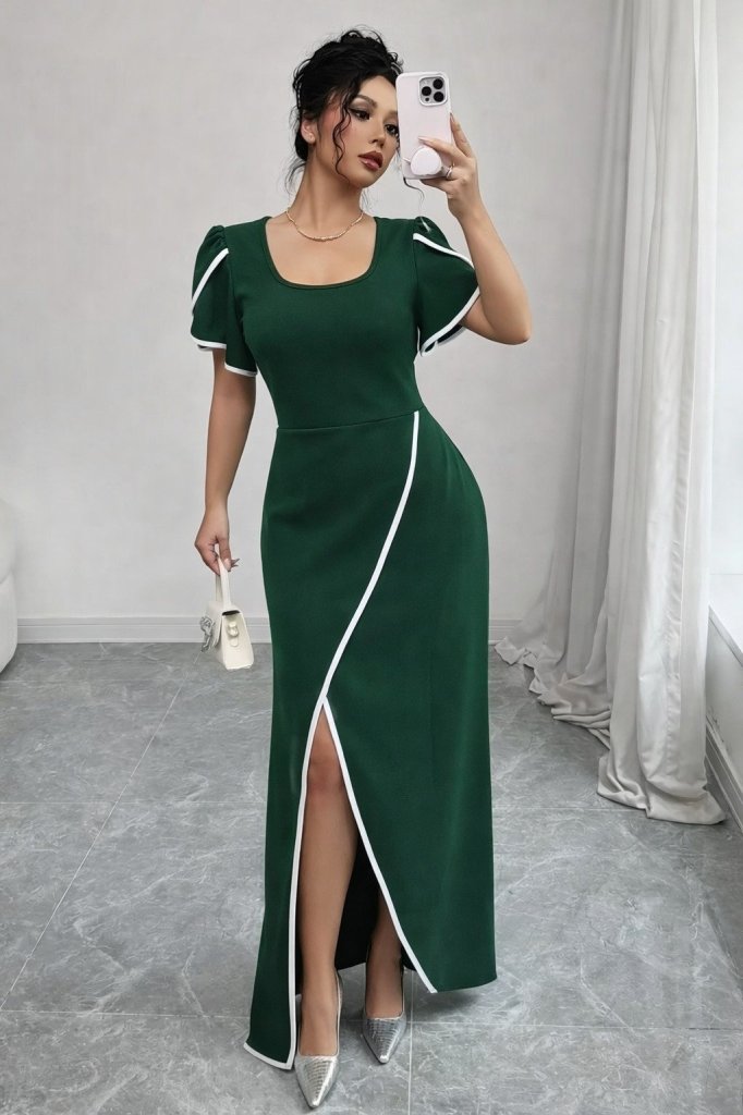 Kadın Kısa Kollu Kare Yakalı önden çapraz Kesim Detaylı Krep Elbise , 31404