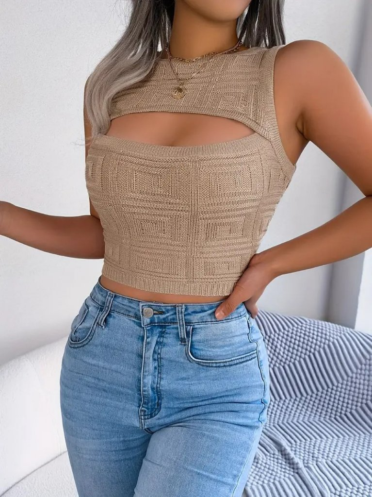 Kadın Askılı Bisiklet Yaka Güpüs Dekolteli Triko Crop Bluz, 25236