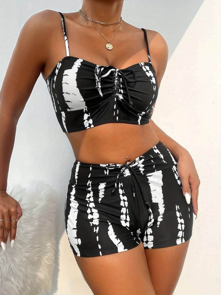 Kadın Büzgü Detay Askılı Crop Mini Tayt Ikili Takım , 25682