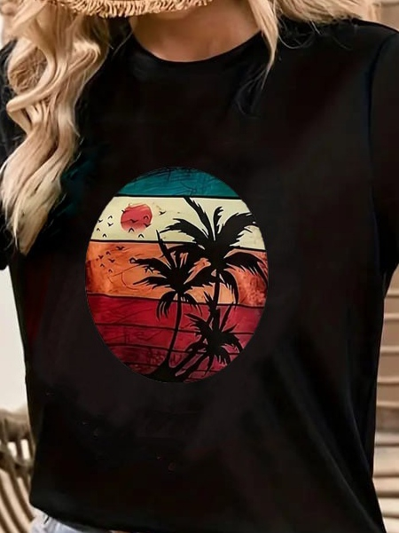 Kadın Kısa Kollu Palmiye Baskılı Viskon T-shirt , 17347 - Image 2