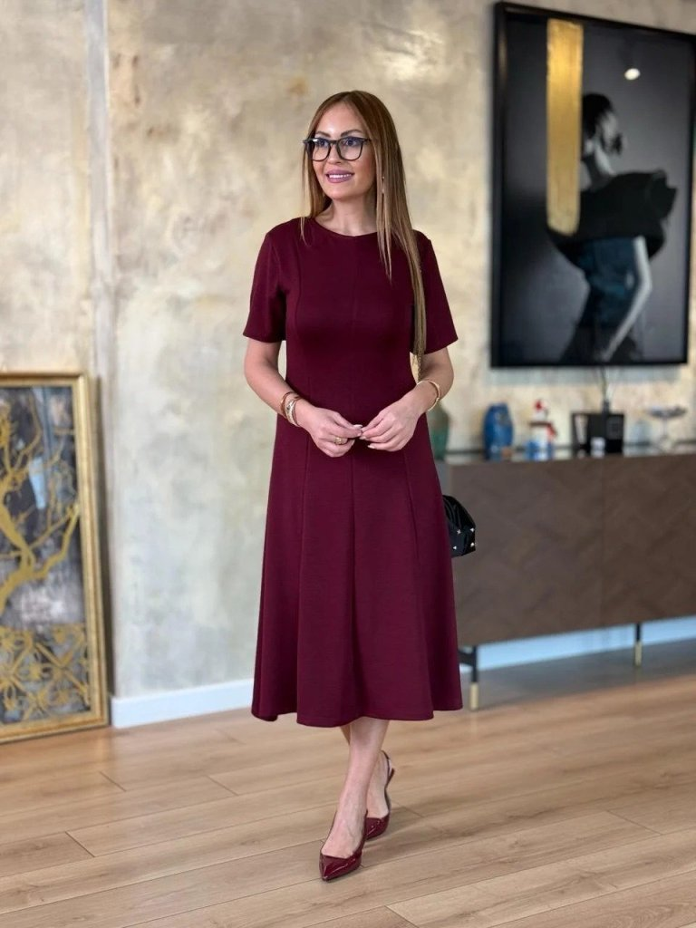 Kadın Kısa Kollu Bisiklet Yaka Midi Viskon Iki Iplik Elbise , 24706