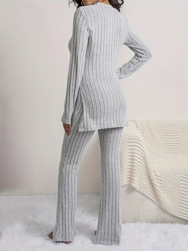 Kadın Uzun Kollu Yuvarlak Yaka Yandan Yırtmaç Detaylı şardonlu Kaşkorse Bluz Ve Pantolon Ikili Takım , 22414 - Image 2