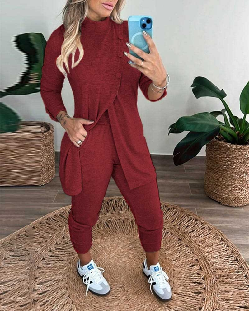 Kadın Uzun Kollu Balıkçı Yaka önden Düğmeli Bluz Ve Pantolon Yumoş Ikili Takım , 20332 - Image 2