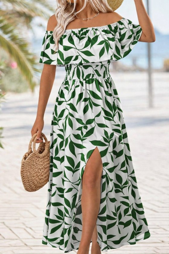 Kadın Madonna Yaka Göğüs Lastikli Yırtmaçlı Uzun Desenli Süprem Elbise, 32872