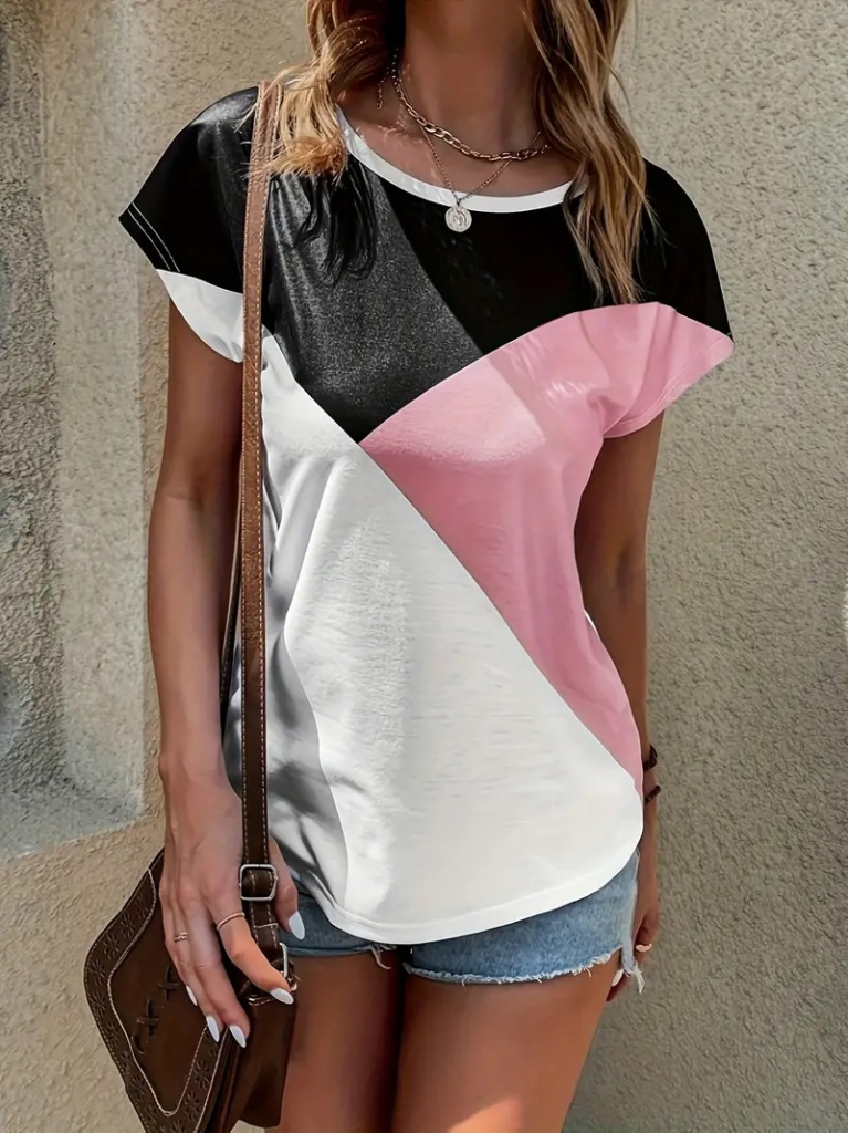 Kadın Bisiklet Yaka üç Renk Viskon T-shirt , 17652 - Image 3