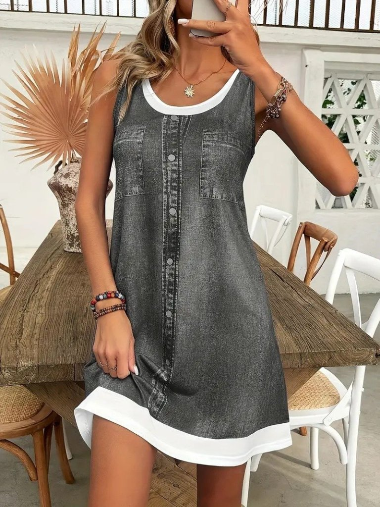 Kadın Askılı Yuvarlak Yakalı Kot Görünümlü Kısa Süprem Elbise , 25588