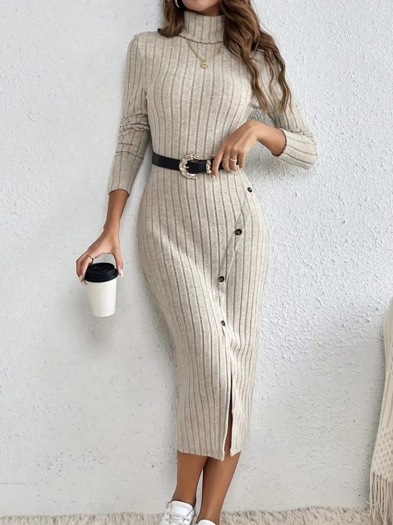 Kadın Uzun Kollu Balıkçı Yaka Yırtmaçlı Düğmeli şardonlu Kaşkorse Elbise , 22973 - Image 4