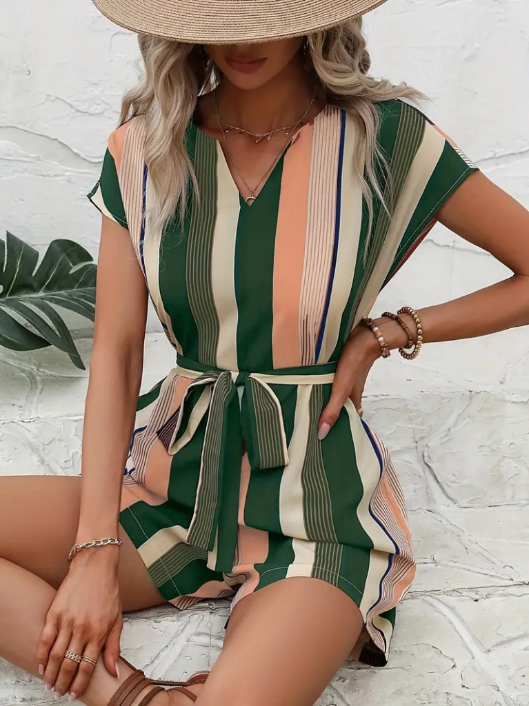 Kadın Kısa Kollu V Yakalı Beli Kuşaklı Keten Tulum, 24658 - Image 3