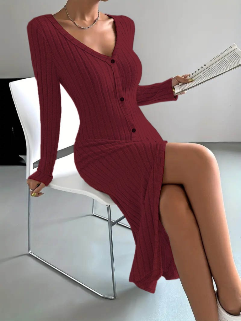 Kadın Uzun Kollu V Yakalı önden Düğmeli şardonlu Kaşkorse Elbise , 22066 - Image 2