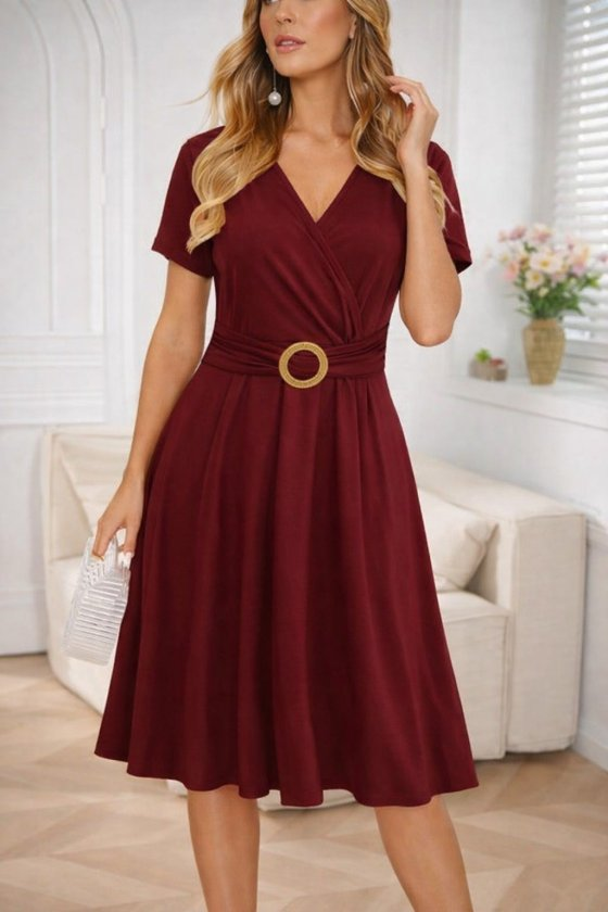 Kadın Kısa Kollu Kruvaze Yakalı önden Toka Detaylı Kısa Viskon Elbise, 33124