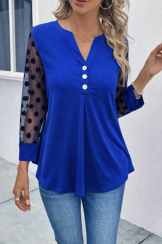 Kadın Uzun Kollu Yakadan Düğmeli Kolları Tül Detaylı Viskon Bluz, 31334