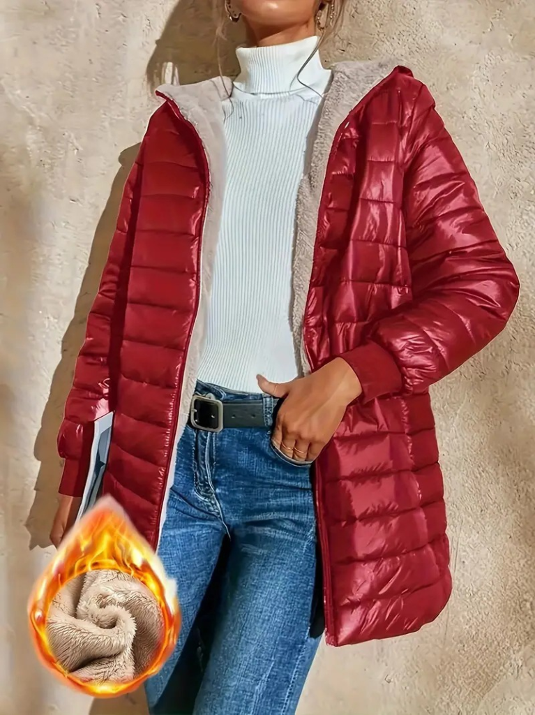 Kadın Uzun Kollu Kapşonlu Cep Detaylı Fermuarlı Orta Boy Mont, 21951 - Image 3
