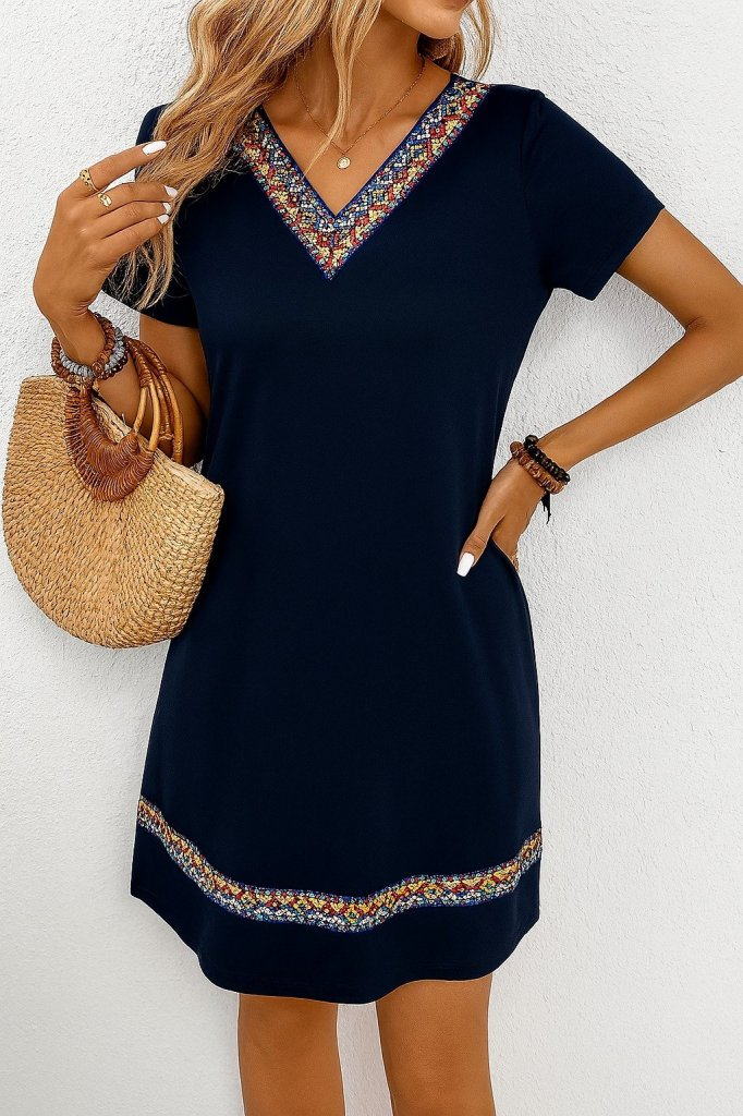 Kadın Kısa Kollu V Yakalı Etnik Desen şerit Detaylı Viskon Elbise, 25998