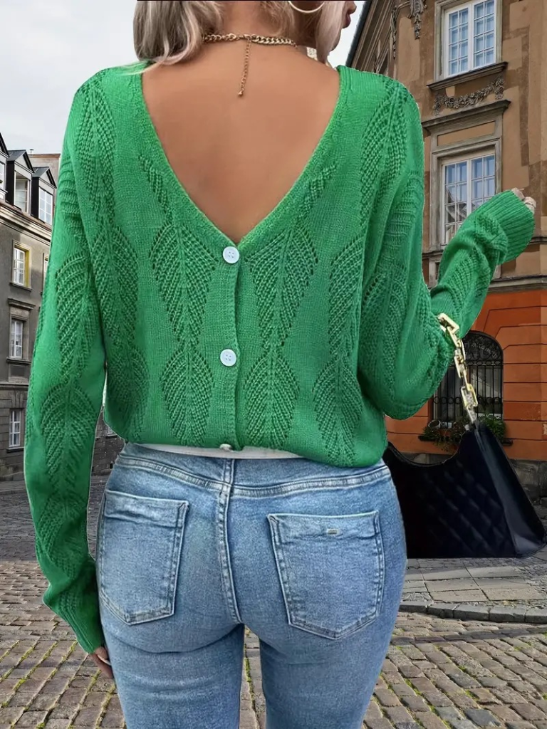 Kadın Uzun Kollu V Yakalı Arkası Düğmeli Triko Bluz , 23262 - Image 5