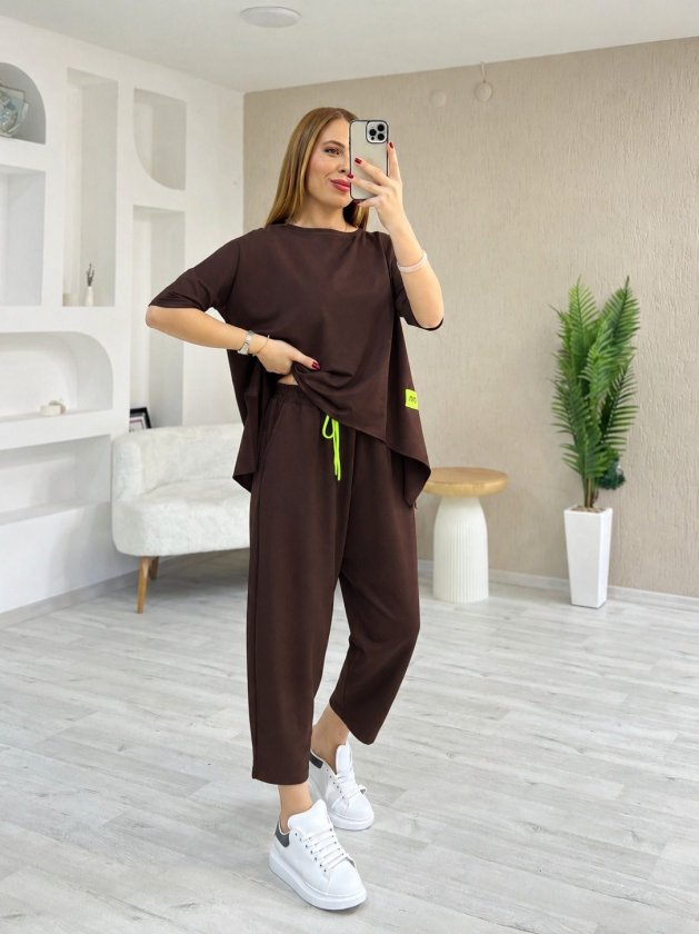 Kadın Kısa Kollu Bisiklet Yaka Viskon Iki Iplik Bluz Ve Pantolon Ikili Takım , 25104