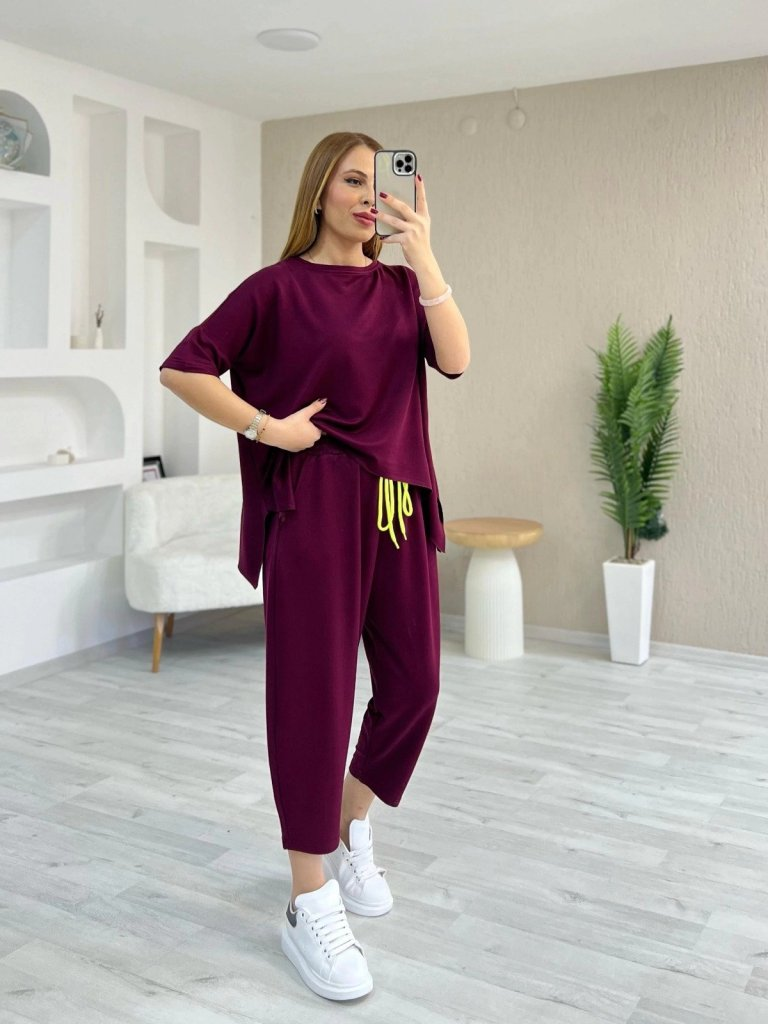 Kadın Kısa Kollu Bisiklet Yaka Viskon Iki Iplik Bluz Ve Pantolon Ikili Takım , 24721