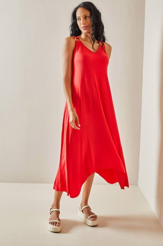 Kadın Askılı V Yakalı Halka Detaylı Asimetrik Kesim Detaylı Viskon Maxi Elbise, 31367