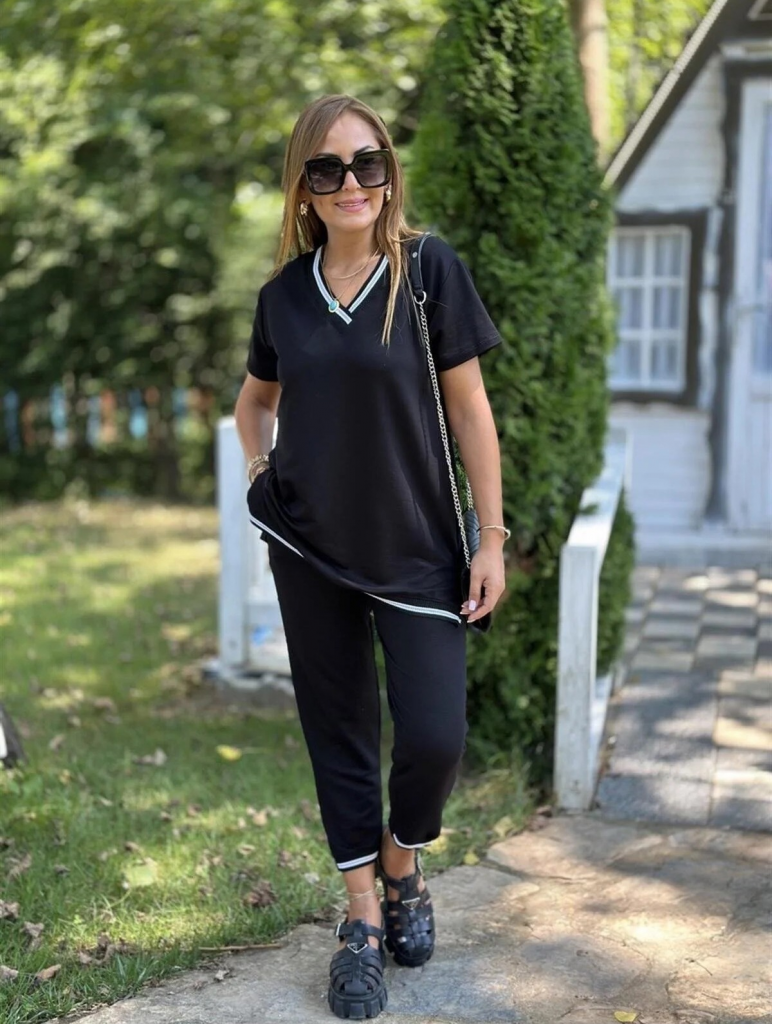 Kadın Kısa Kollu V Yakalı Iki Iplik Bluz Ve Pantolon Ikili Takım , 31399