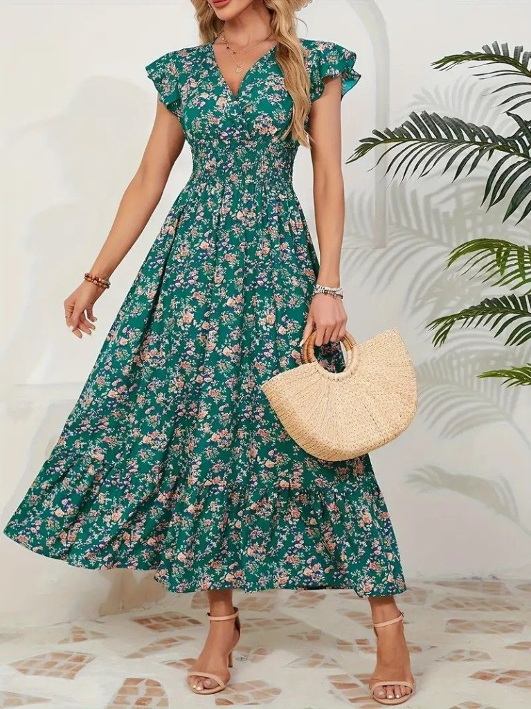 Kadın Kısa Kollu Kruvaze Yaka Beli Lastikli çiçek Desenli Elbise , 25681