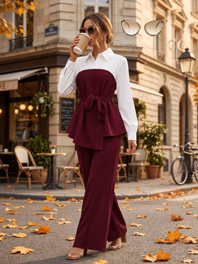 Kadın Uzun Kollu Yakalı üst Kısmı Trikoton Asimetrik Detaylı Belden Kuşaklı Ithal Krep Bluz Ve Yırtmaçlı Pantolon Ikili Takım, 39200