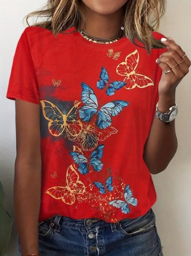 Kadın Kısa Kollu Mavi Sarı Kelebek Baskı Süprem Bluz, 23800