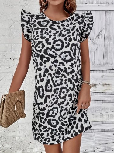 Kadın Kısa Kollu Kolları Fırfır Detay Arkası Bağlamalı Leopar Desen Kolsuz Mini Mikro Elbise , 26133