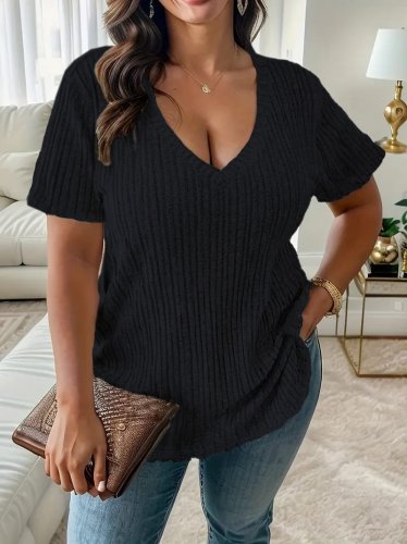 Kadın Kısa Kollu V Yaka Fitilli Kaşkorse Bluz, 16002