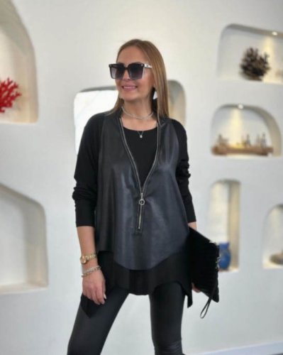 Kadın Uzun Kollu Asimetrik Kesim Viskon Bluz Ve çatlak Deri Görünümlü Yelek Ikili Takım, 21103