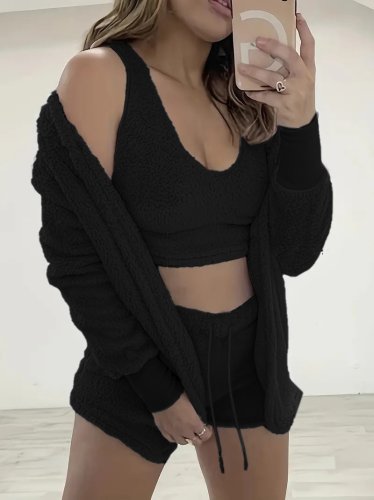 Kadın Uzun Kollu Ceket, Askılı Peluş Bluz Ve şort üçlü Takım , 23209