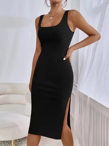 Kadın Askılı Kare Yaka Yandan Yırtmaçlı Midi Kaşkorse Elbise , 31304