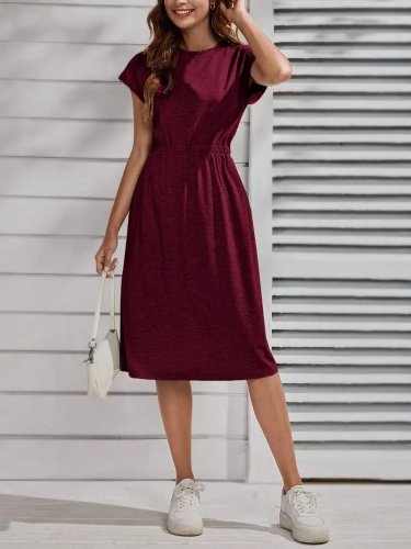 Kadın Kısa Kollu Bisiklet Yaka Belden Lastikli Midi Viskon Elbise , 24044