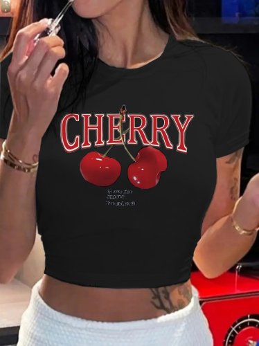 Kadın Kısa Kollu Bisiklet Yaka Desenli Krop Bluz , 24090