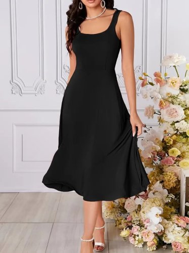 Kadın Askılı Kare Yaka Yırtmaçlı Midi Janjan Krep Elbise , 24367