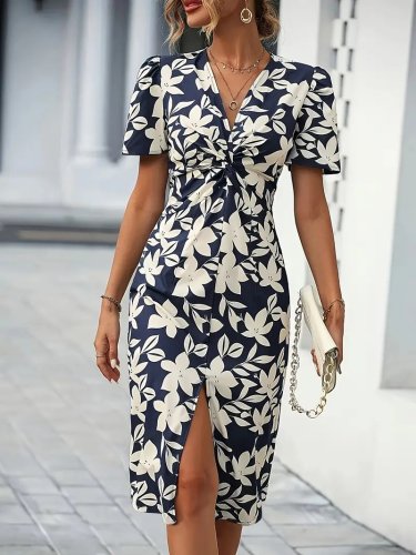 Kadın Kısa Kollu V Yakalı çiçek Desenli Midi Atlas Elbise, 24418