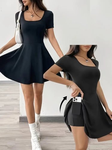 Kadın Kısa Kollu Kare Yaka Short Detaylı Cepli Dalgıç Elbise, 25592