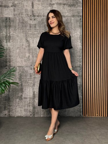 Kadın Kısa Kollu Yakası Açık Katlı Bürümcük Balon Elbise , 26687